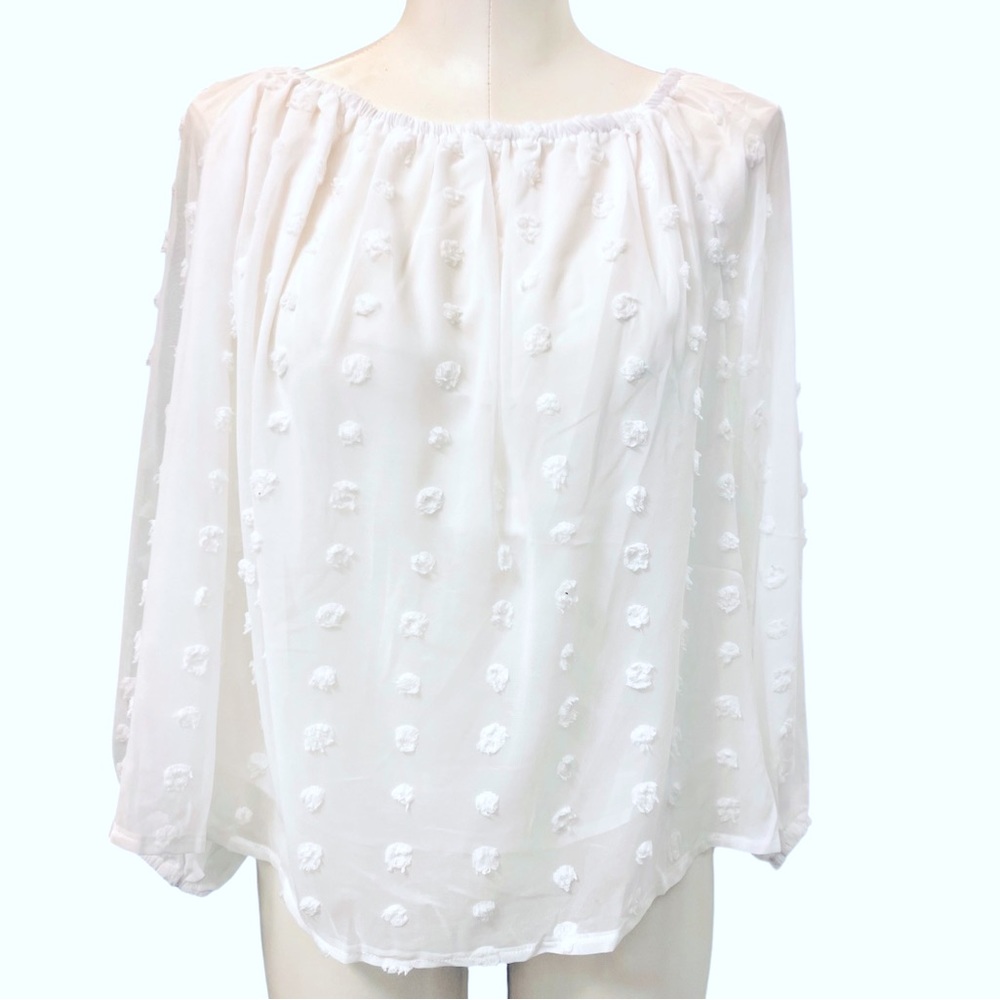 White dotted off shoulder flowy long sleeve chiffon blouse, size S, new - Picture 5 of 8